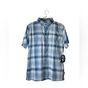 NWT KUHL Response Shirt Mens Medium Blue Plaid Short Sleeve Samuel Adams Logo